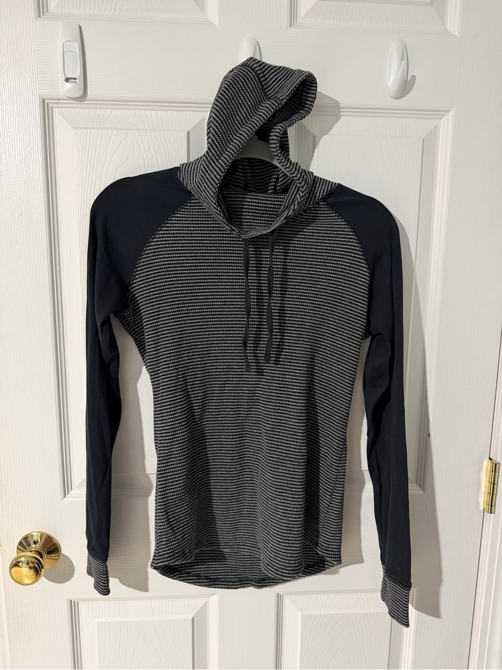 Womans Black & Gray Striped Hooded Long-Sleeve Shirt